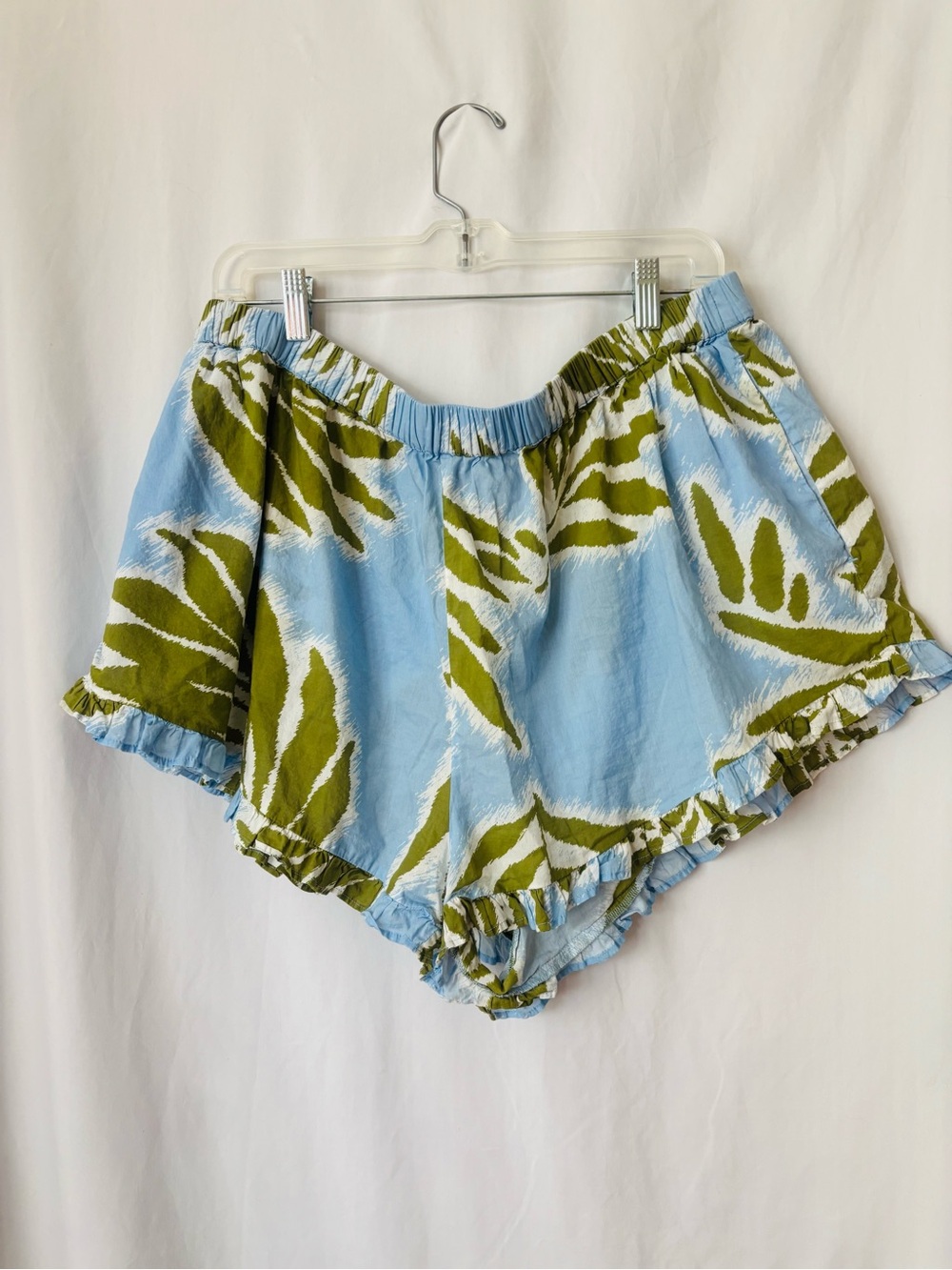 Tanya Taylor Cotton Swim Shorts Ruffle Hem Blue Green Womens 2X